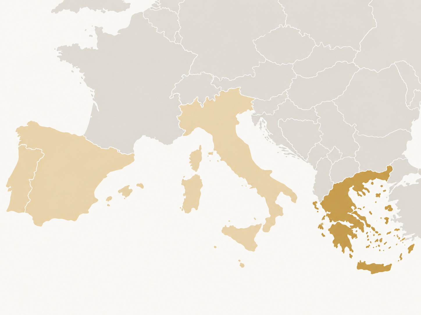 Map of Southern Europe highlighting Greece, Spain and Italy